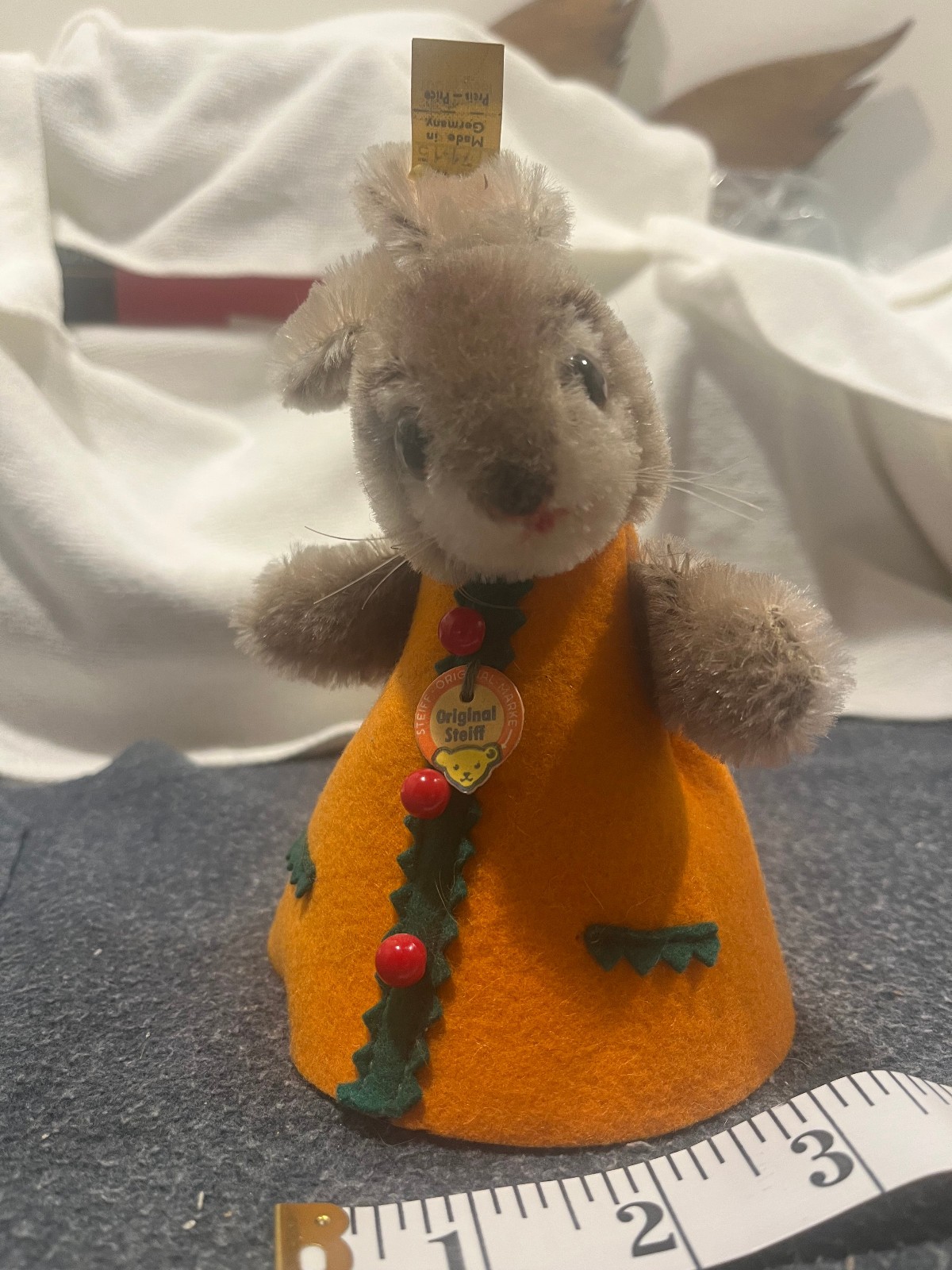 Vintage Steiff Nightcap Rabbit Betthupferl tan mohair orange cone ear tag 1968