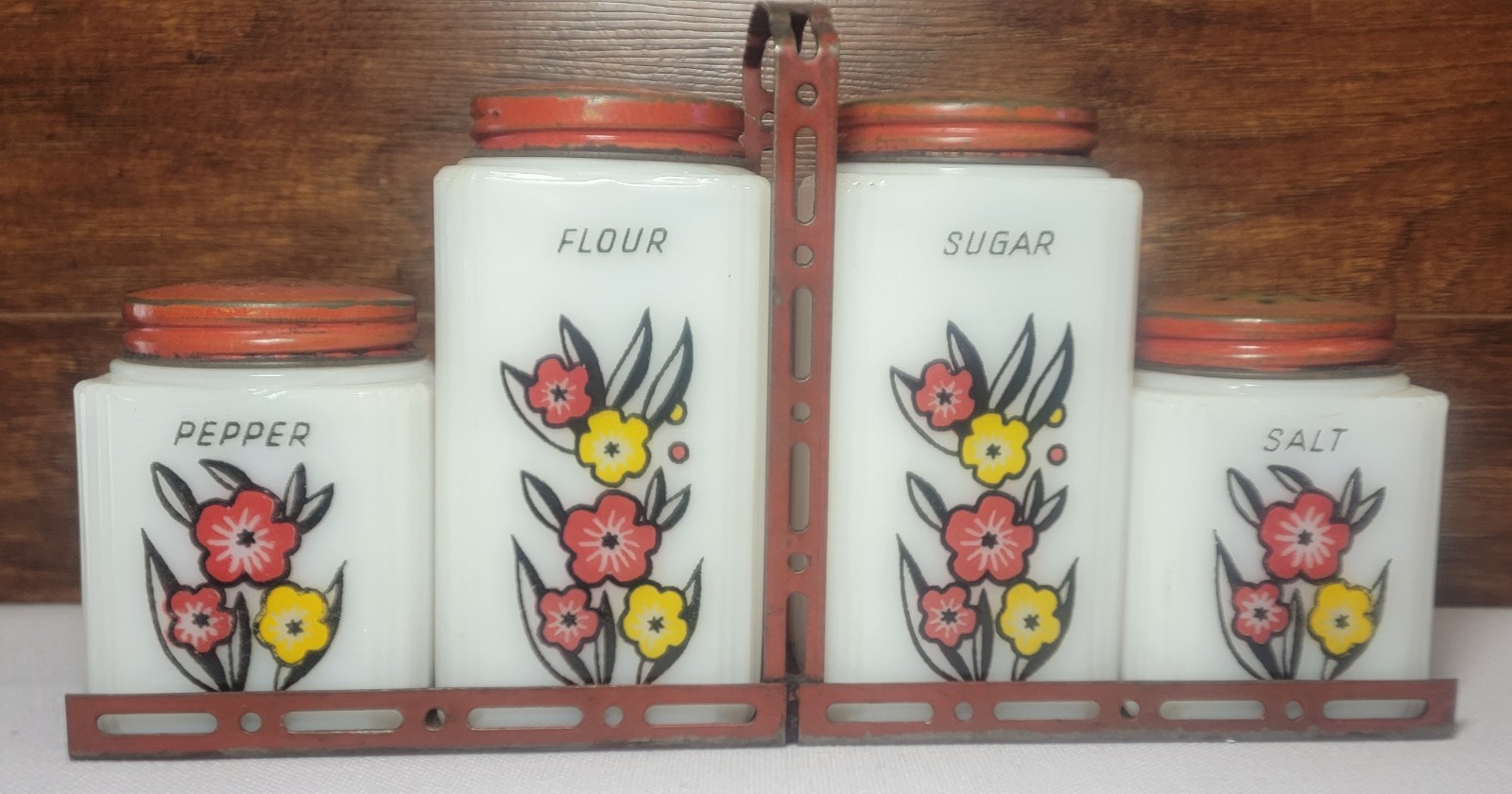 Vintage McKee Tipp City Milk Glass Salt Pepper Shakers Sugar Flour Cosmo Flowers Vintage McKee Tipp City Milk Glass Salt Pepper Shakers Sugar Flour Cosmo Flowers