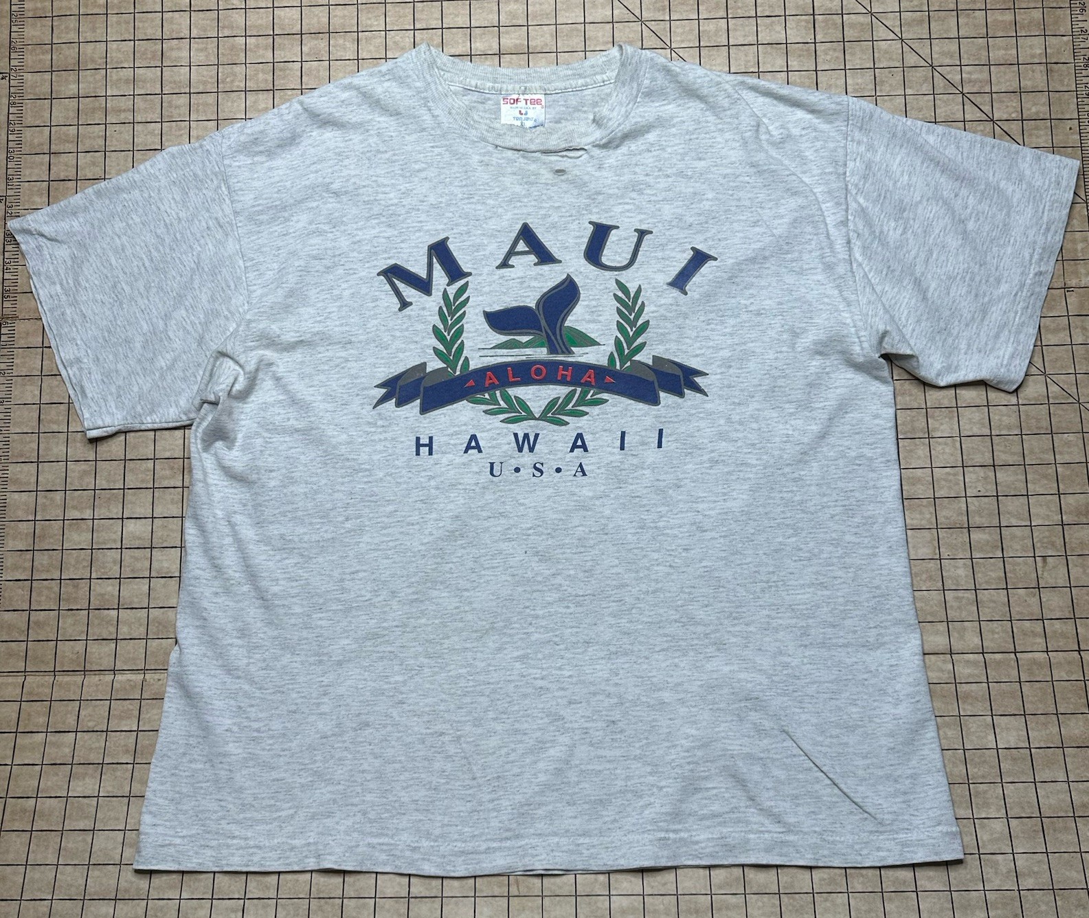 VTG Thin Distressed Thrashed T-Shirt XL Heather Gray Grunge Holes Maui Aloha