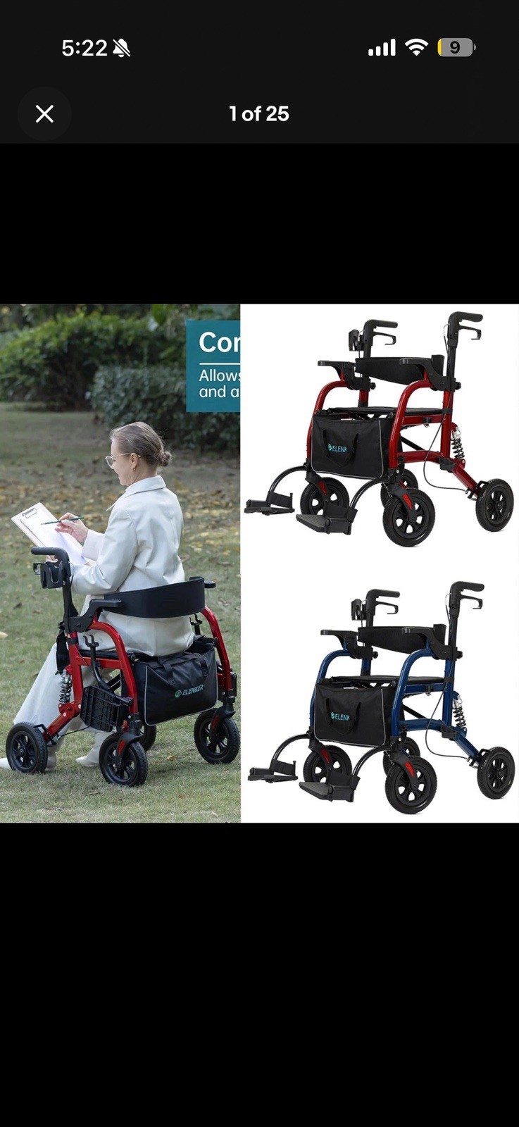All-Terrain ELENKER 2 in 1 Deluxe Medical Aid Rollator Walker Rolling Wheelchair