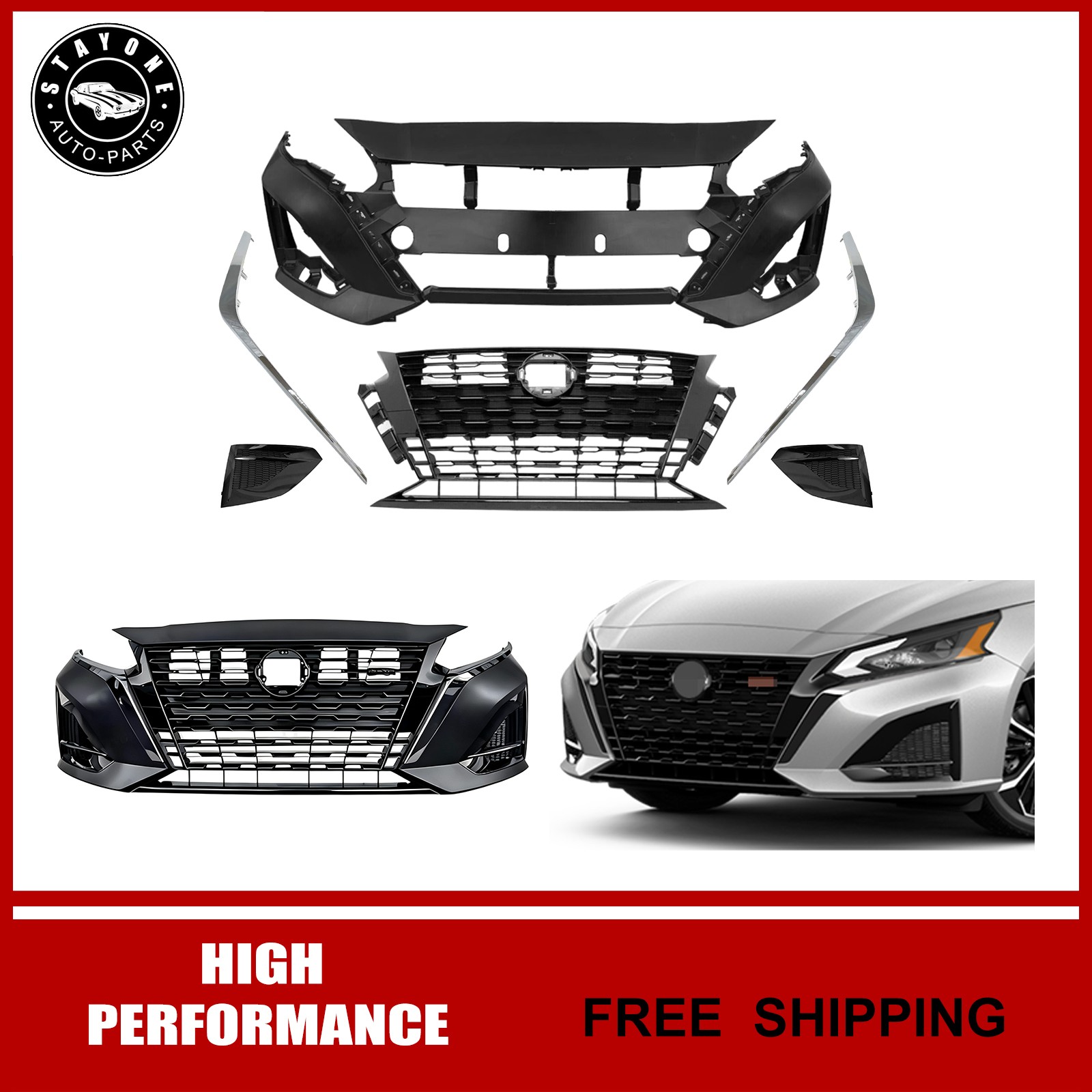 For 2023 2024 Nissan Altima SR New Front Bumper Kit With Fog Covers Chrome Trims