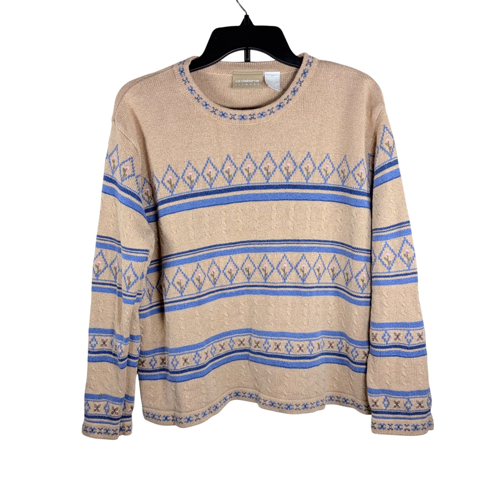 Vintage Liz Claiborne 100% Cotton Fair Isle Cable Knit Sweater Tan Blue Cottage