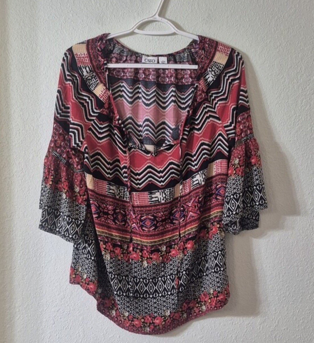 Cato Red & Black Mixed-Print Peasant Blouse Cato Red & Black Mixed-Print Peasant Blouse
