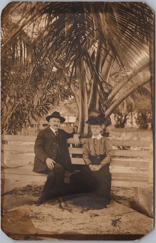 c1910s PALM BEACH, Florida Real Photo RPPC Postcard Couple on Bench / Palm Tree
