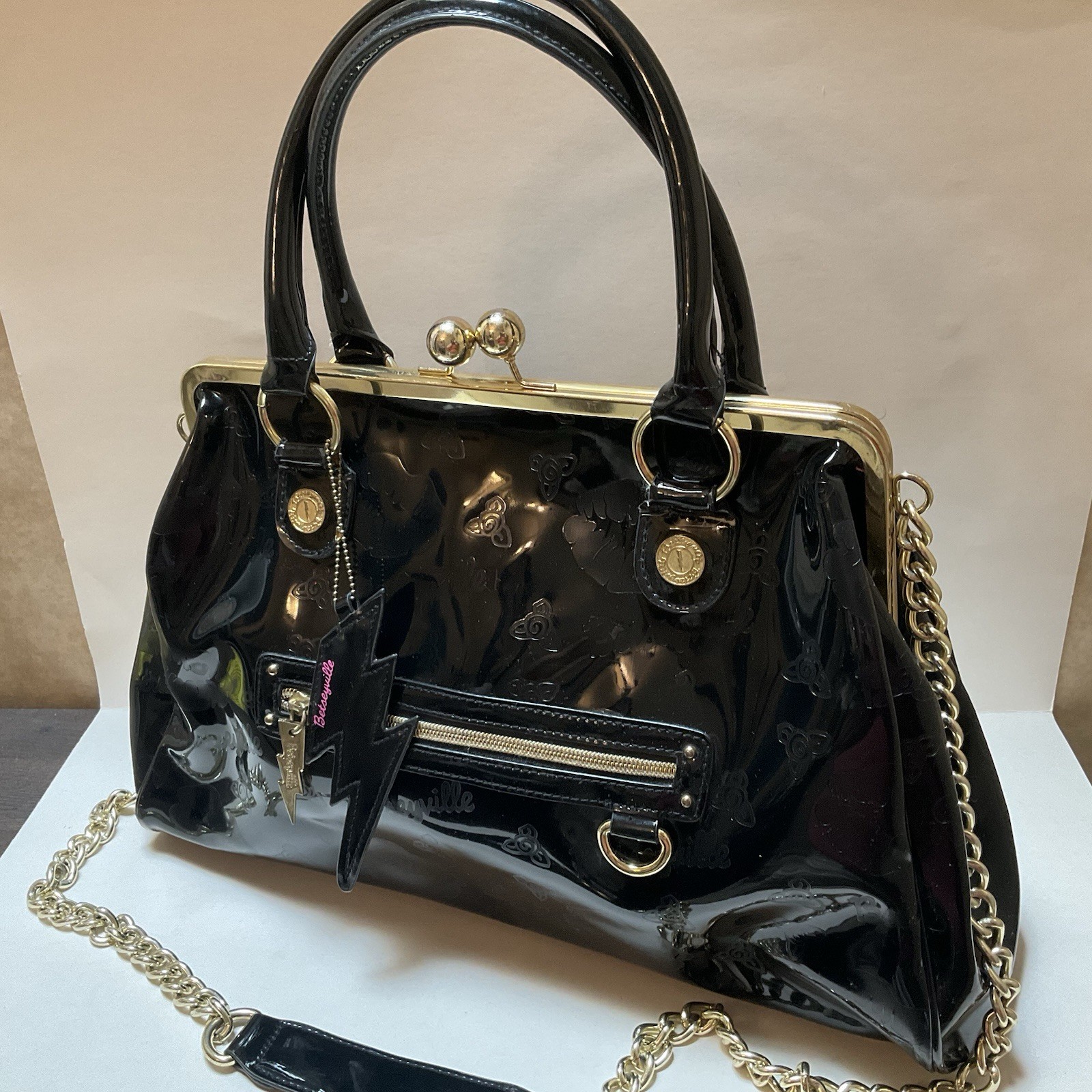 RARE Vintage Betseyville Kiss-lock Satchel Oversized Top handle Black Crossbody