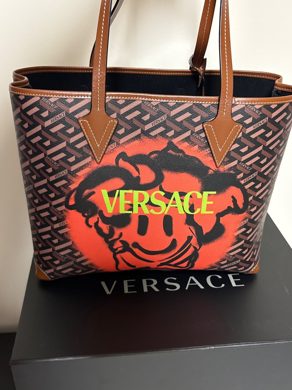 Versace La Greca Medusa Smiley Tote Bag Brown/Black Red Authentic + Box Dust Bag