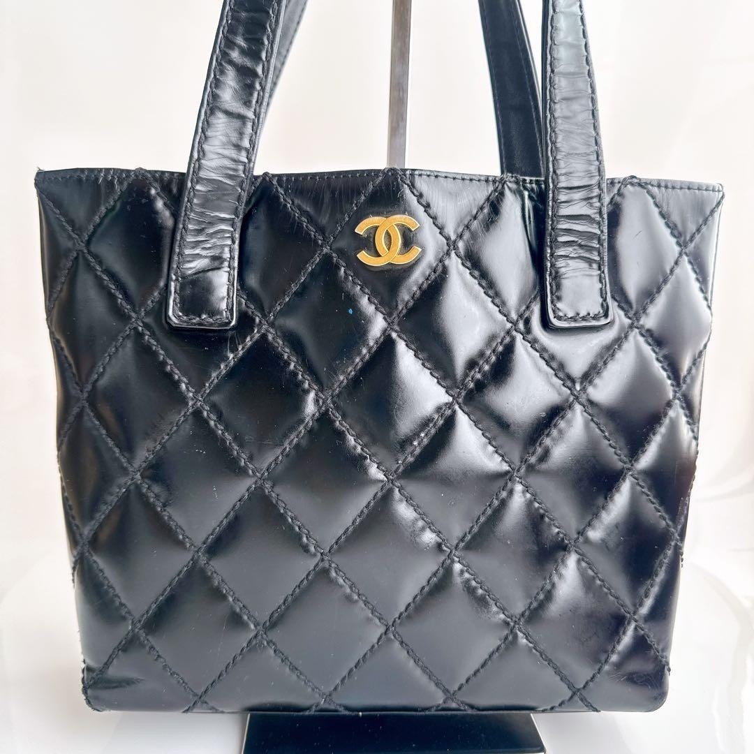 CHANEL Wild Stitch Black Glazed Leather CC Tote Handbag Gold Hardware Used Japan