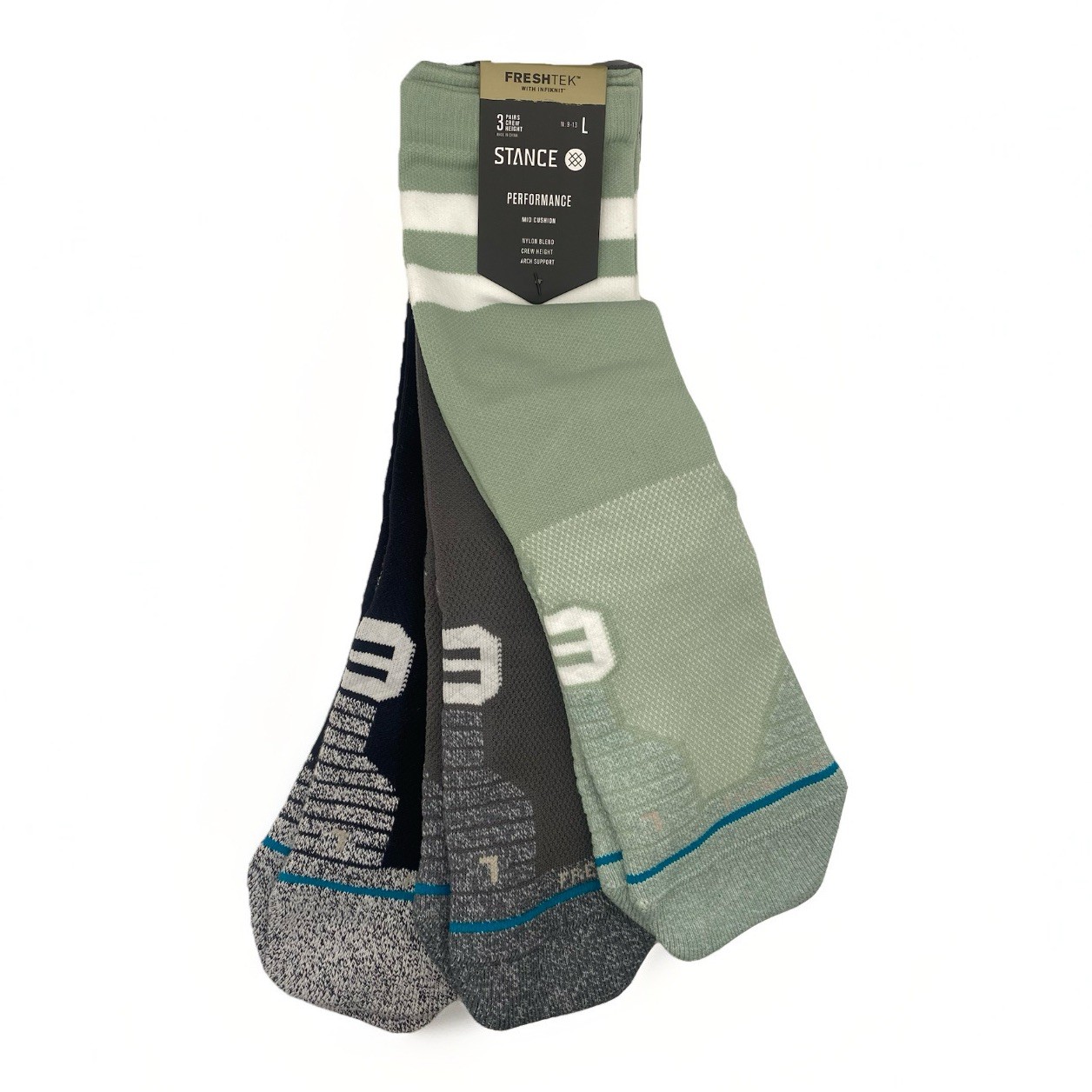 Stance FreshTek Franchise Crew Socks 3-Pack (GRN, GRY, BLK) Men\'s Large US 9-13