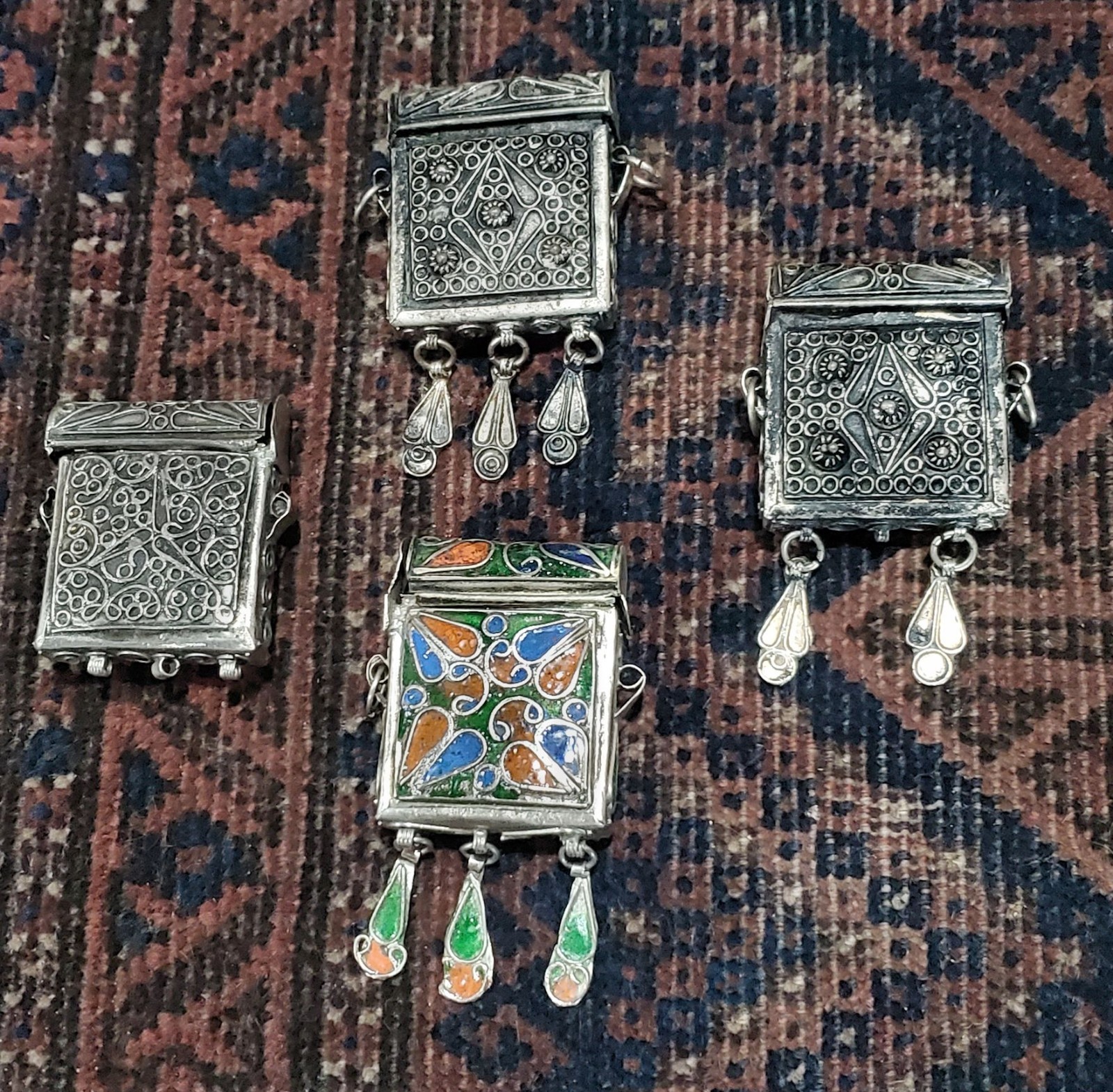4 Vintage Moroccan Berber Amulet Box Pendants Hirz Cloisonne Enamel Filigree NOS