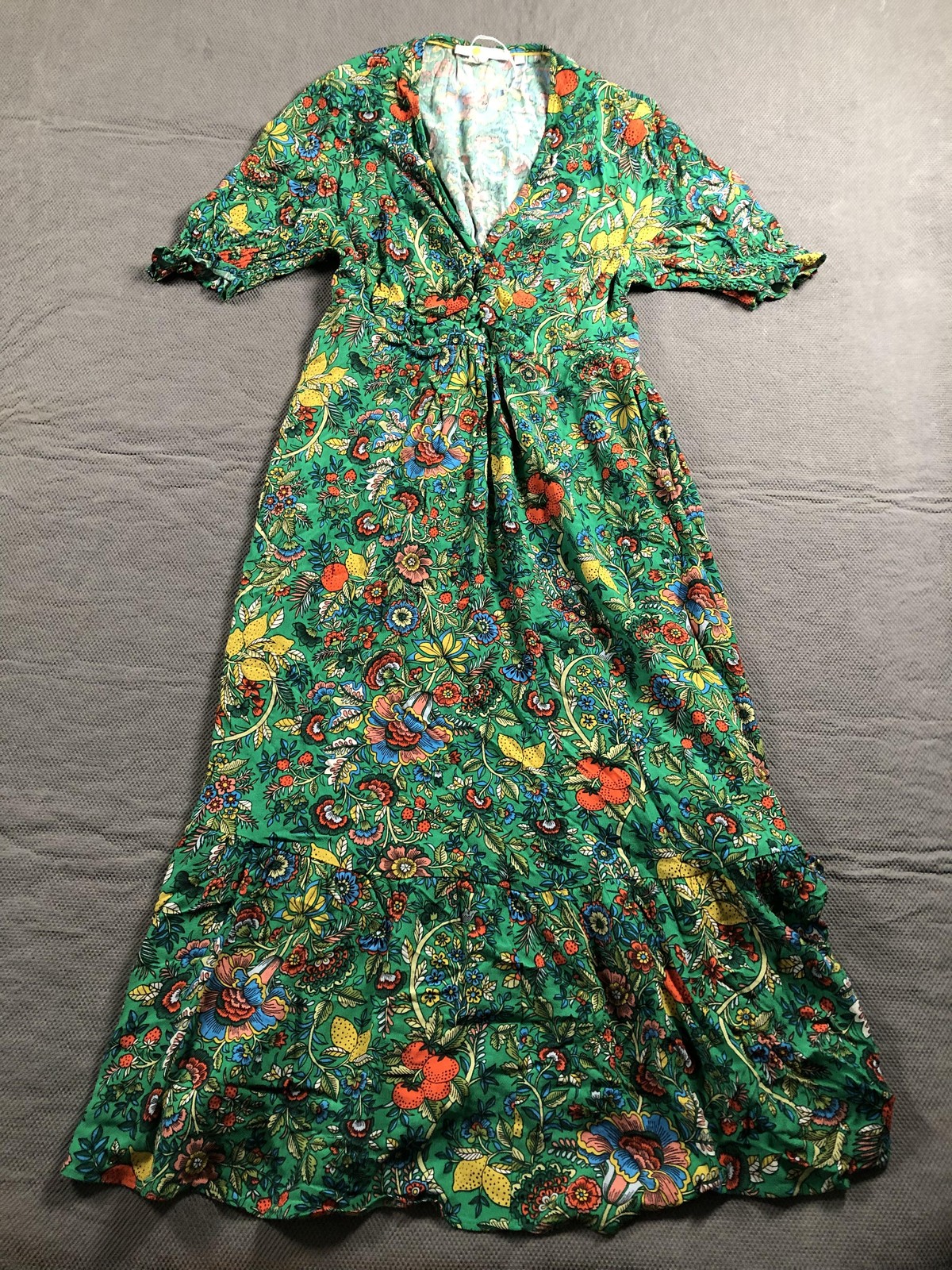 Boden Dress Womens 6 Green Floral V Neck Puff Sleeve Maxi Ruffle Boho Summer