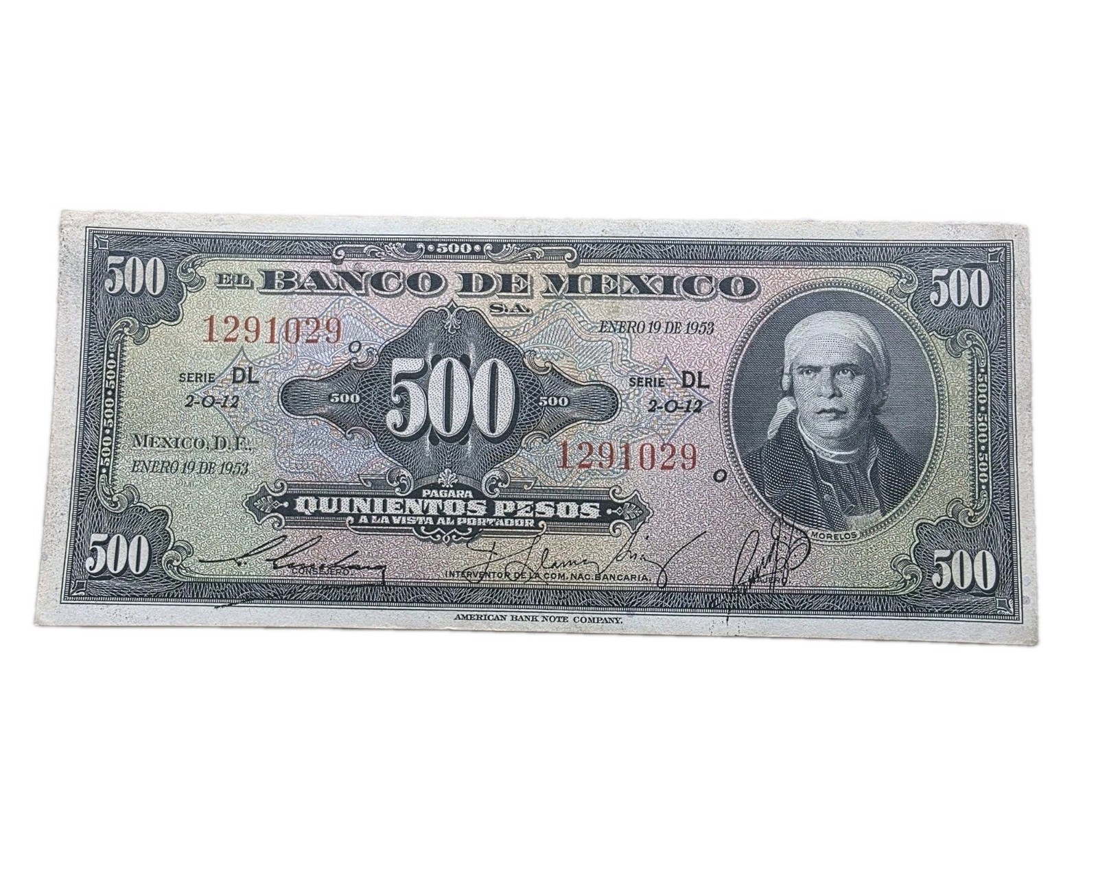 Mexico $500 Pesos Jose Maria Morelos Serie DL Jan,19 1953 El Banco de Mexico. AU