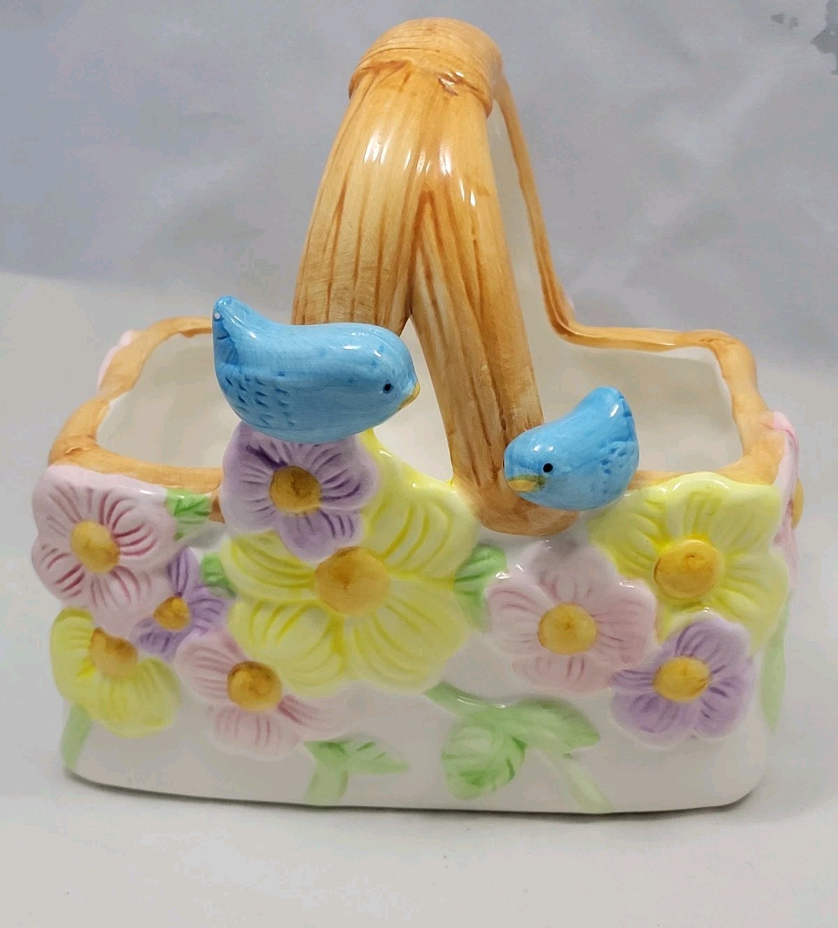 Vintage Teleflora Ceramic Spring Planter Basket w/Pastel Flowers Bluebirds EUC