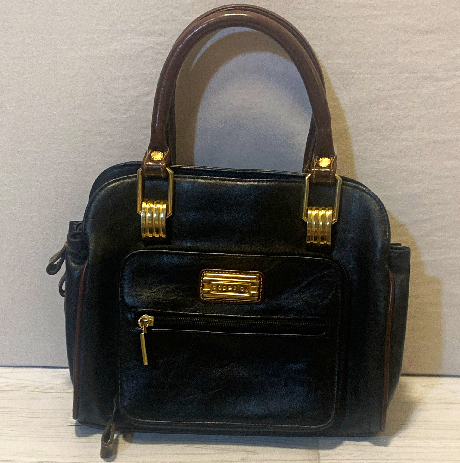 Capezio Black Brown Satchel Purse Vtg 1990s Zip Gold Hardware 6 Pockets 