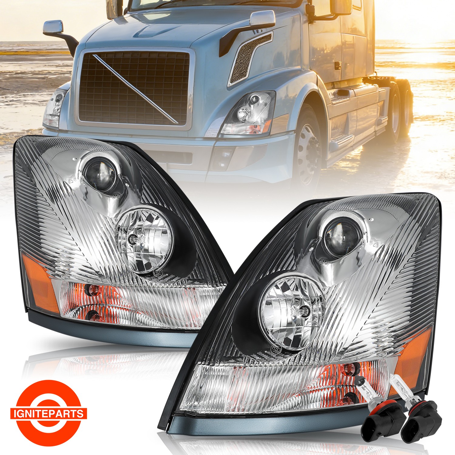 For 2004-2017 Volvo Semi Truck VN VNL VNM Chrome Halogen Headlights W/Bulbs