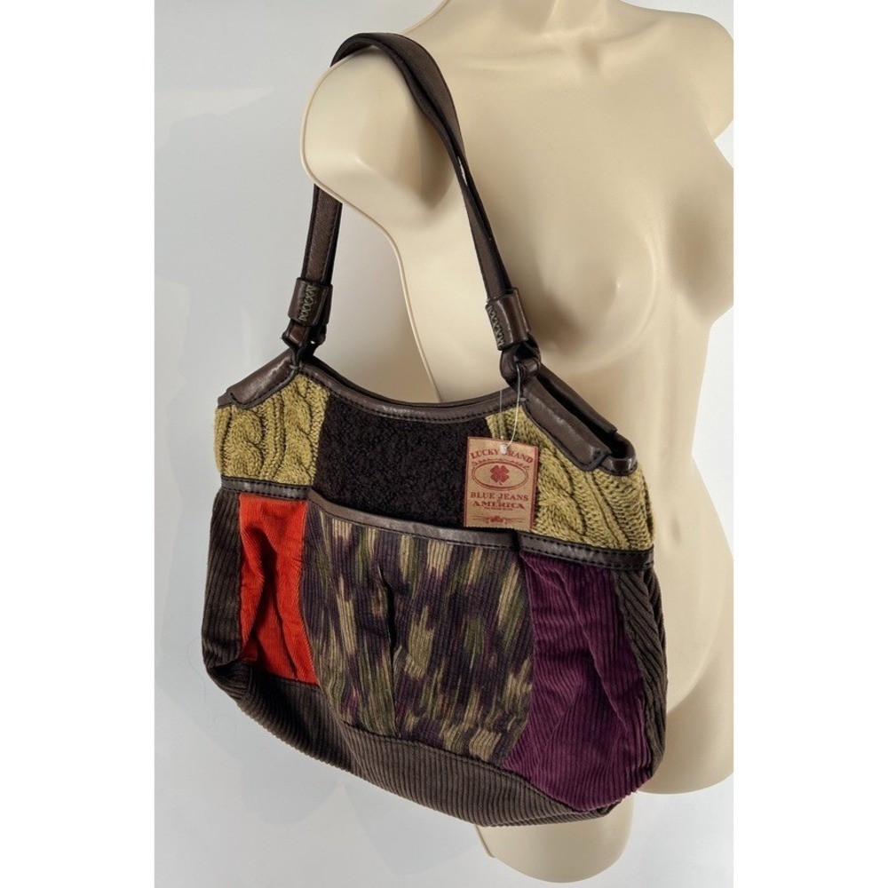 Vtg LUCKY BRAND Montana Ave Patchwork Tote Bag Leather Corduroy Knit Boho Y2K