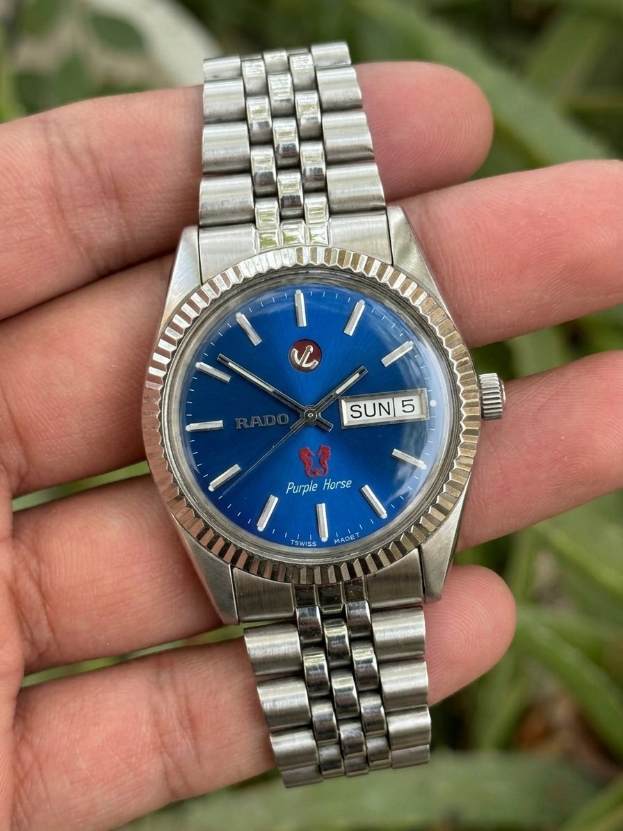 Vintage Rado Purple Horse Automatic Blue Dial Day Date Swiss Steel Mens Watch Vintage Rado Purple Horse Automatic Blue Dial Day Date Swiss Steel Mens Watch