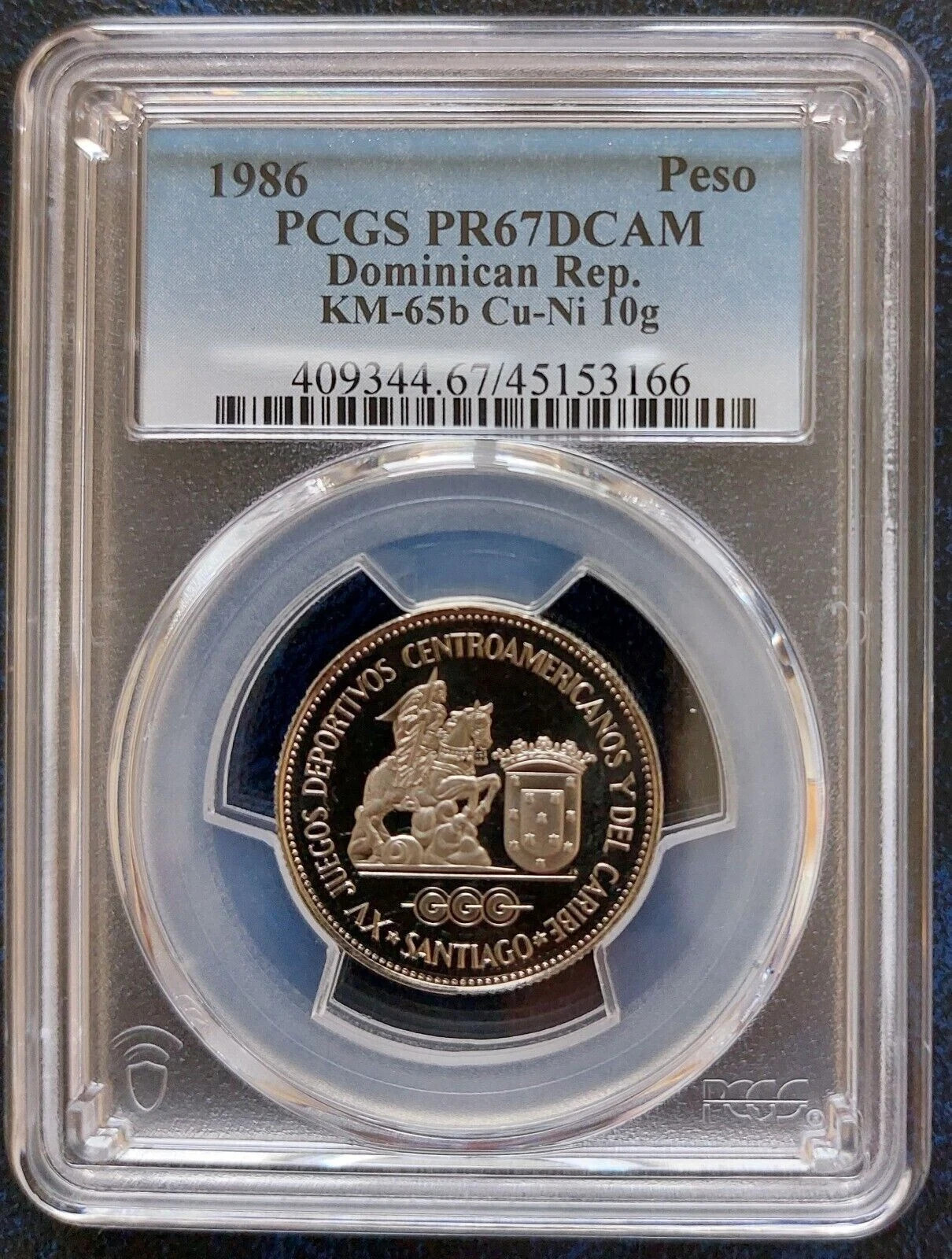 DOMINICAN REPUBLIC 1 PESO PROOF COIN 1986 YEAR KM#65b GAMES PCGS PR67 TOP POP🥇
