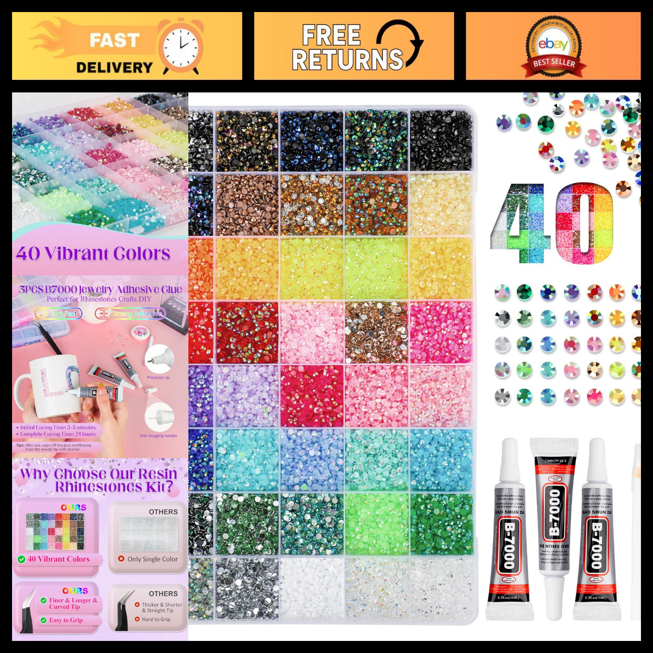 50000Pcs 40 Colors Jelly Rhinestones, 3mm Flatback Gems, Bedazzling Kit with Glu