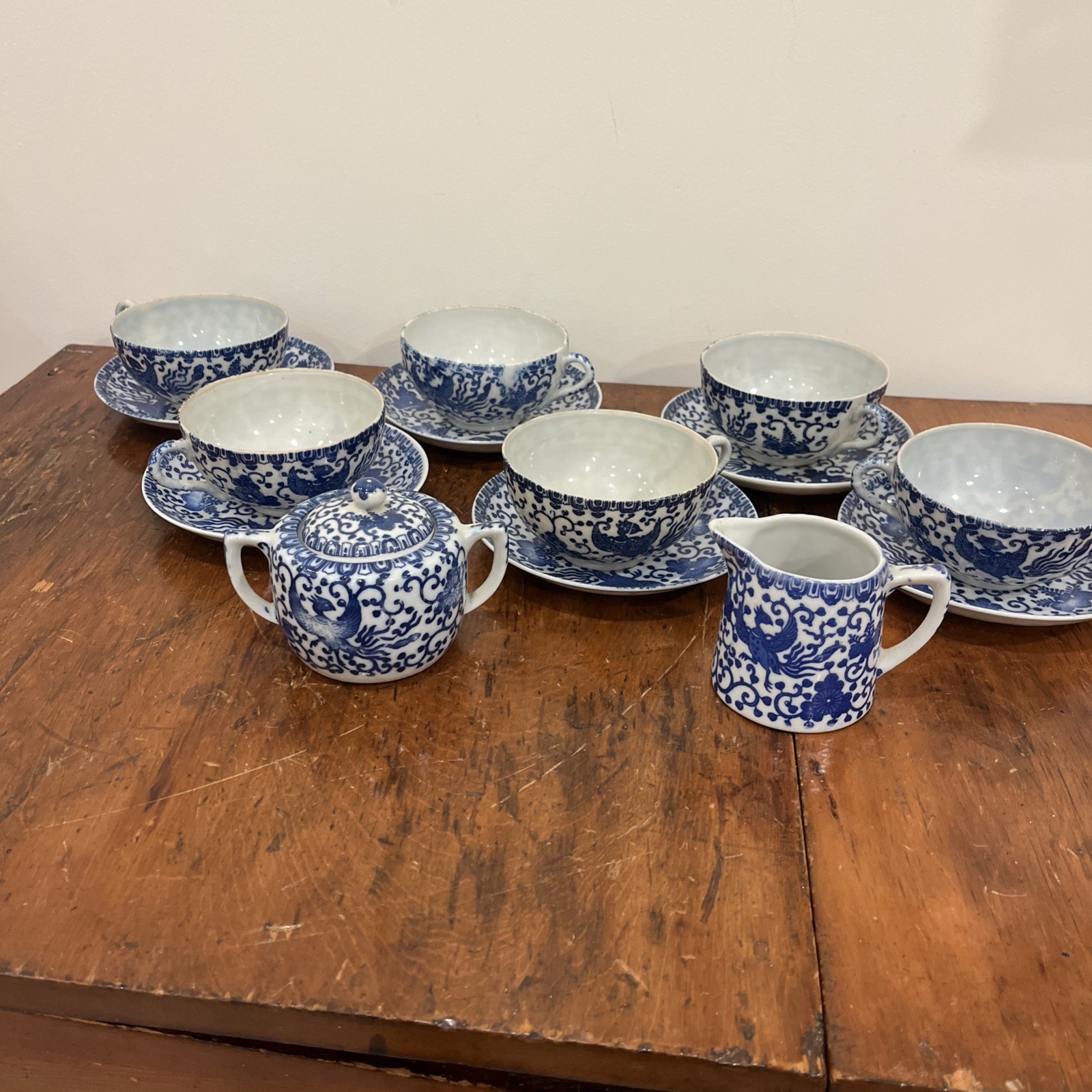 Lot 14 Antique Japanese Porcelain Phoenix Teacups Saucer Milk Creamer Sugar Bowl