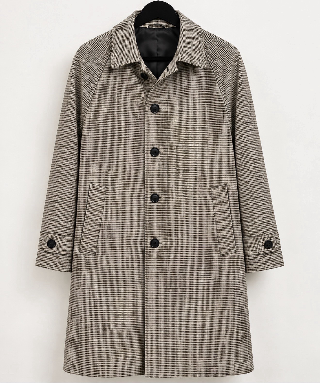 H&M Men’s Houndstooth Long Coat Beige Black Check Button Front Overcoat Jacket