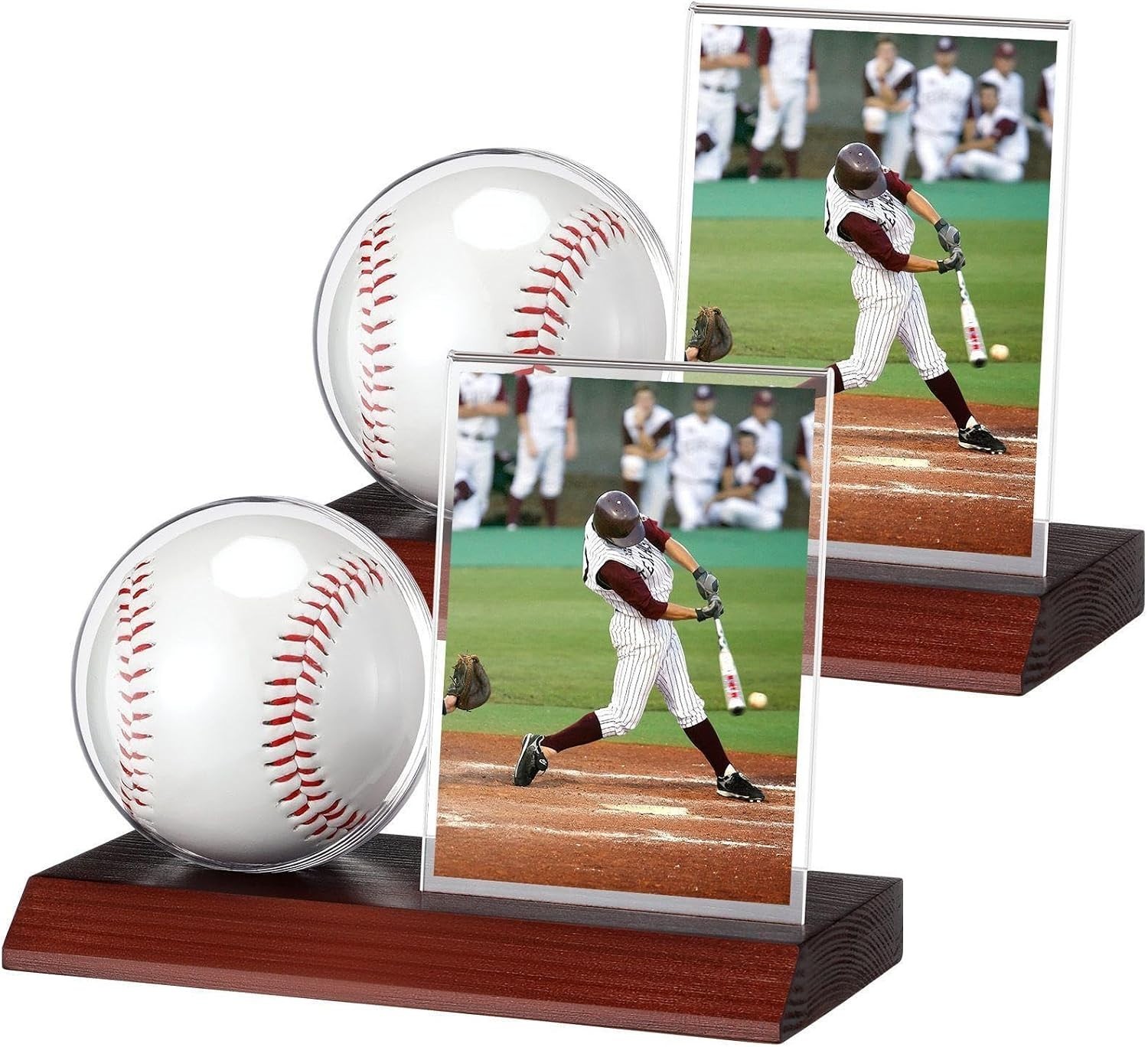 2 Sets Wood Baseball Display Case and Card Holder with Wood Base