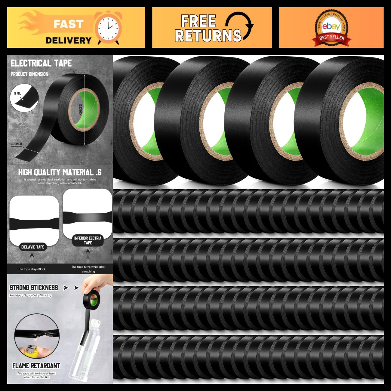 100 Rolls Black Electrical Tape 3/4\