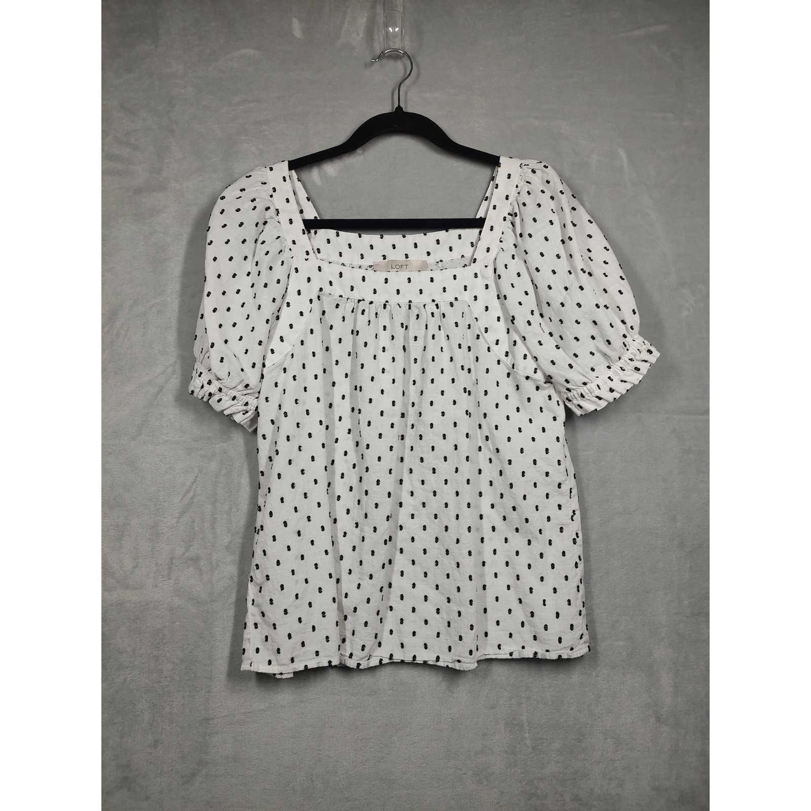 LOFT White Black Clip Dot Puff Sleeve Square Neck Cotton Blouse Top 3121