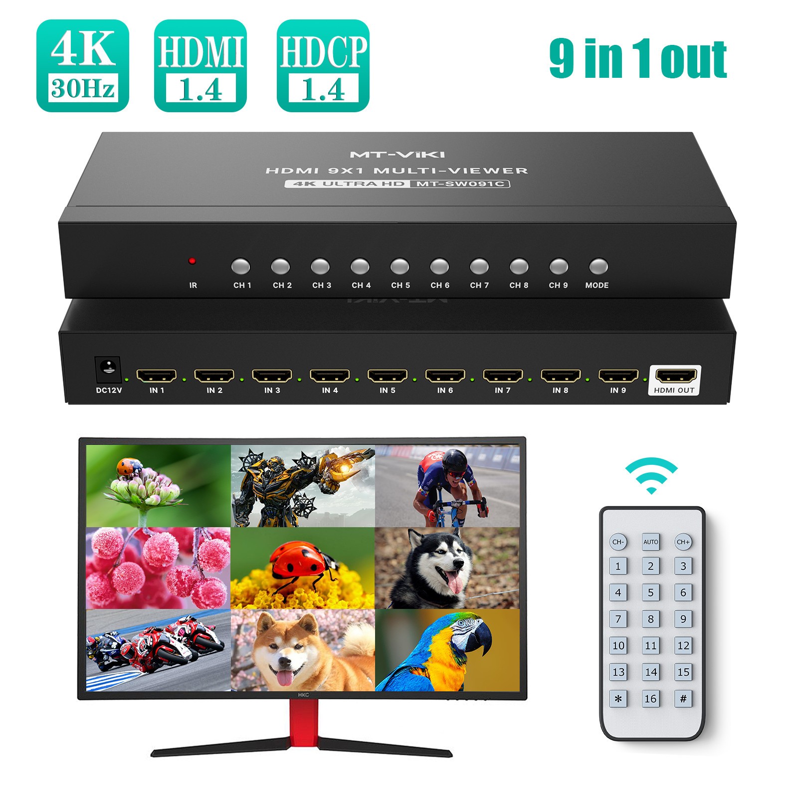 MT-VIKI 9x1 HDMI Multiviewer Switcher Seamless 4K@30Hz 8 Mode IR Remote for PS4