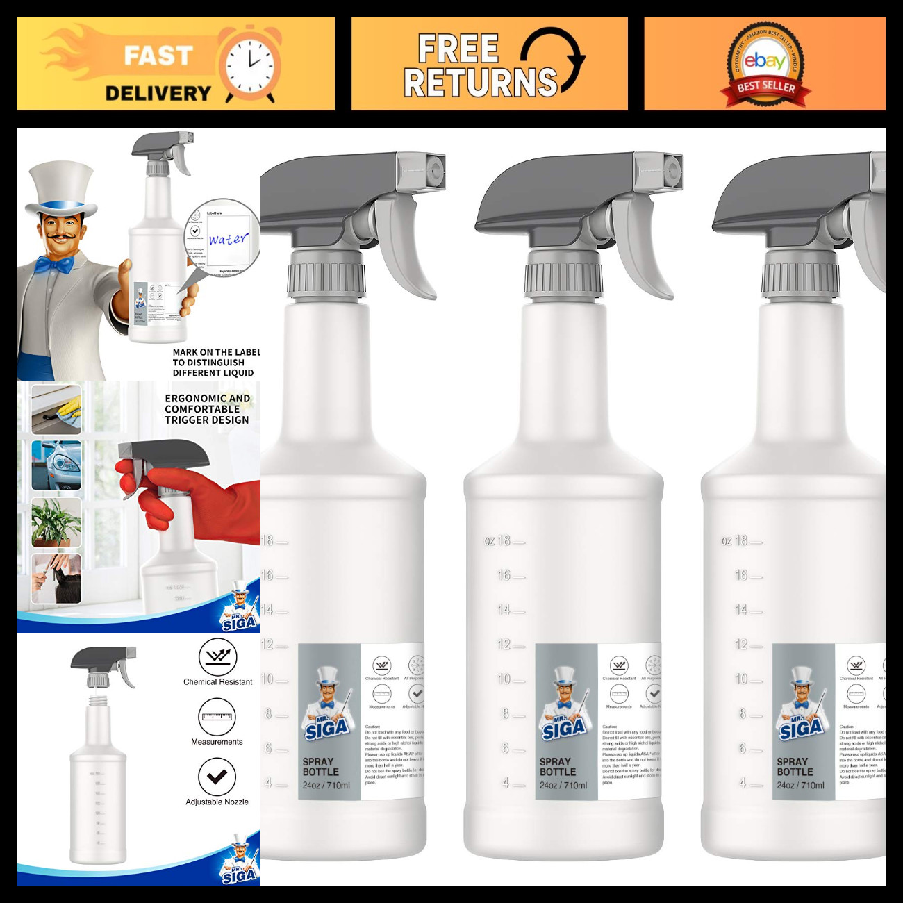 24 oz Empty Plastic Spray Bottles for Cleaning Solutions - 3 Pack, Reusable & Du