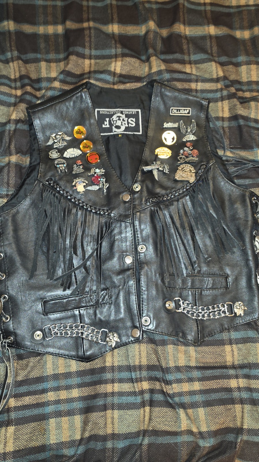 Vintage SHAF Black Leather Snap Button Front Biker Fringe Vest/Sz M - WITH PINES Vintage SHAF Black Leather Snap Button Front Biker Fringe Vest/Sz M - WITH PINES