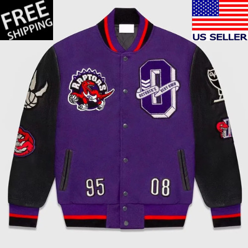 Toronto Raptors OVO Purple Wool Black Leather Full-Snap Varsity Letterman Jacket Toronto Raptors OVO Purple Wool Black Leather Full-Snap Varsity Letterman Jacket