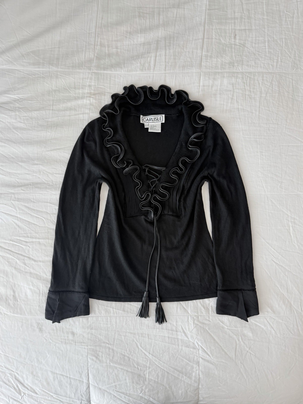Vintage 90s Carlisle Cashmere Silk Black Longsleeve Ruffle Neckline Top (Size M)