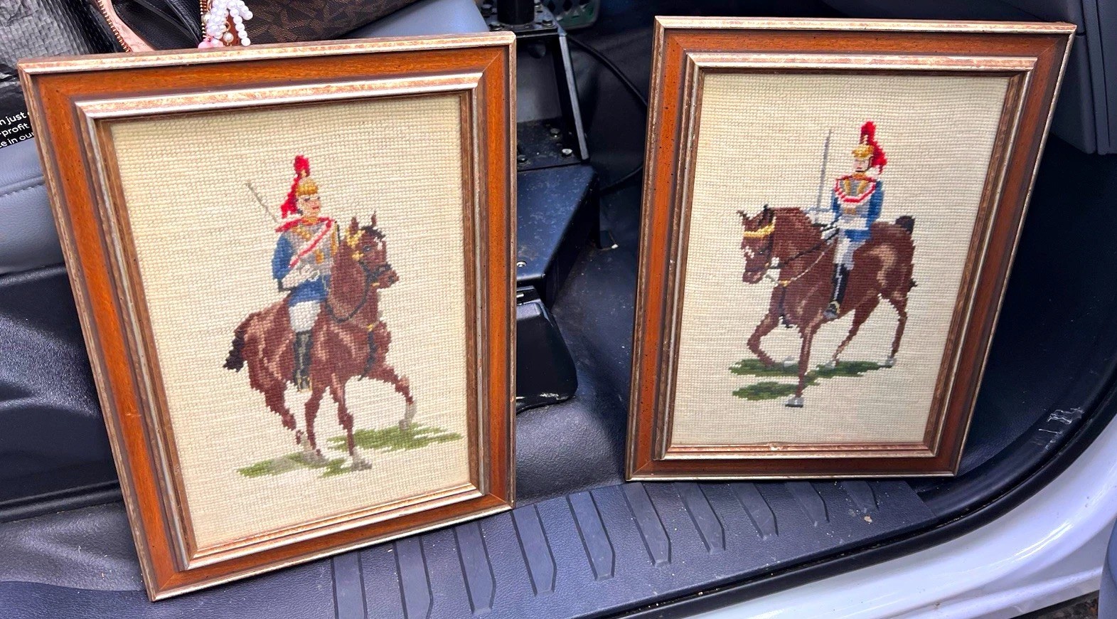 Vintage Handmade Framed Needlepoint Set of 2 Soldier on Horseback Designs Vintage Handmade Framed Needlepoint Set of 2 Soldier on Horseback Designs