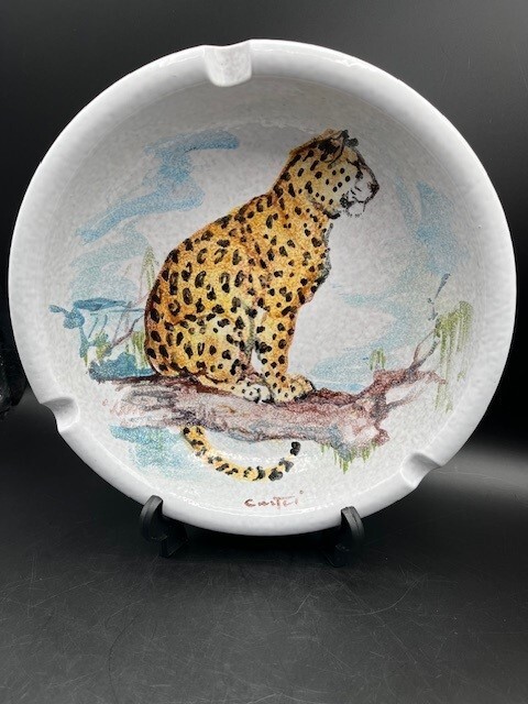 Vtg Hand Painted Studio Art Pottery Cheetah Tiger Cat Ashtray Bowl MCM Signed