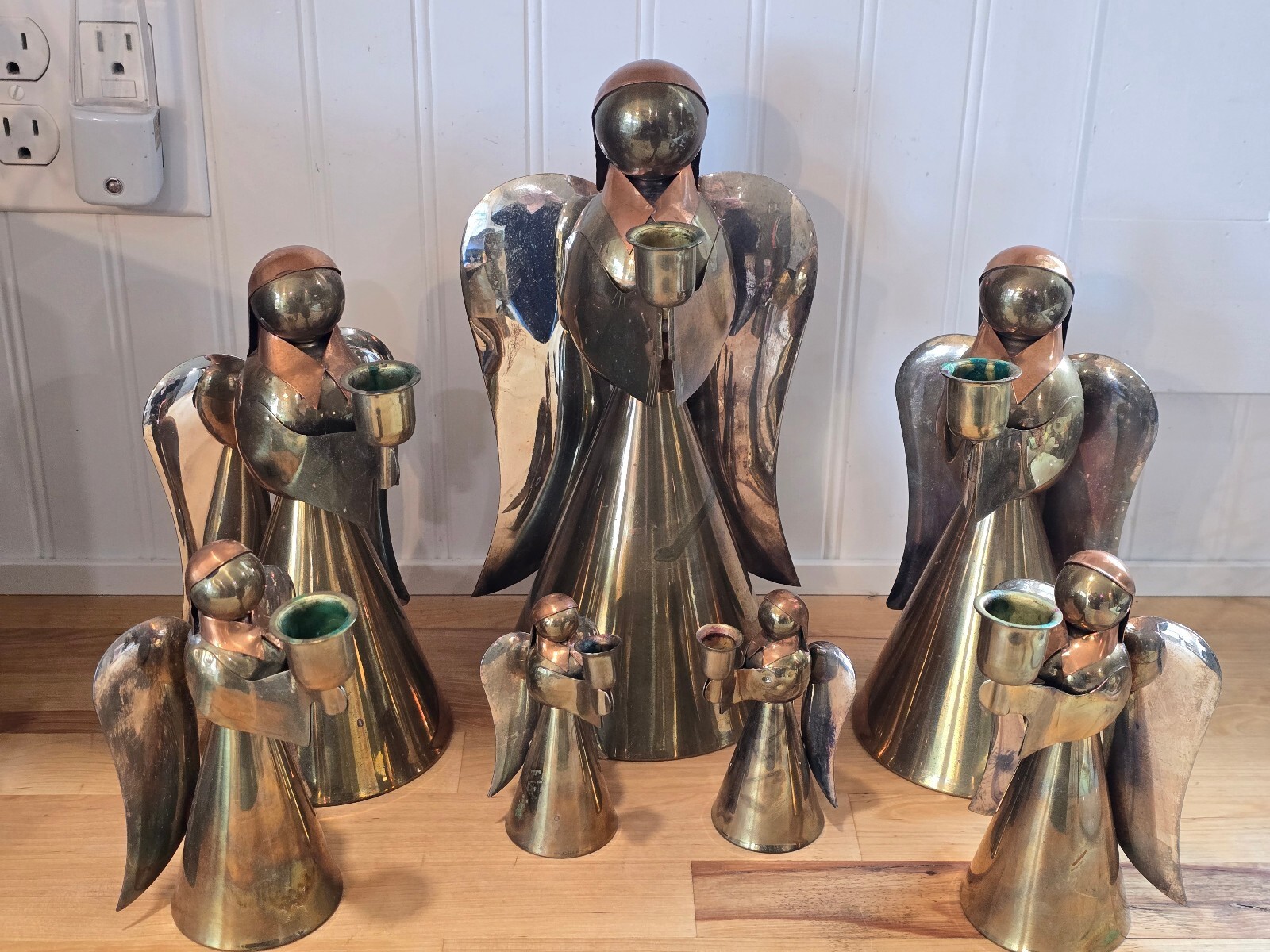 Vtg Mid-Century Tri-Metal Angel Candle Holders Massive Graduated Family Set of 7