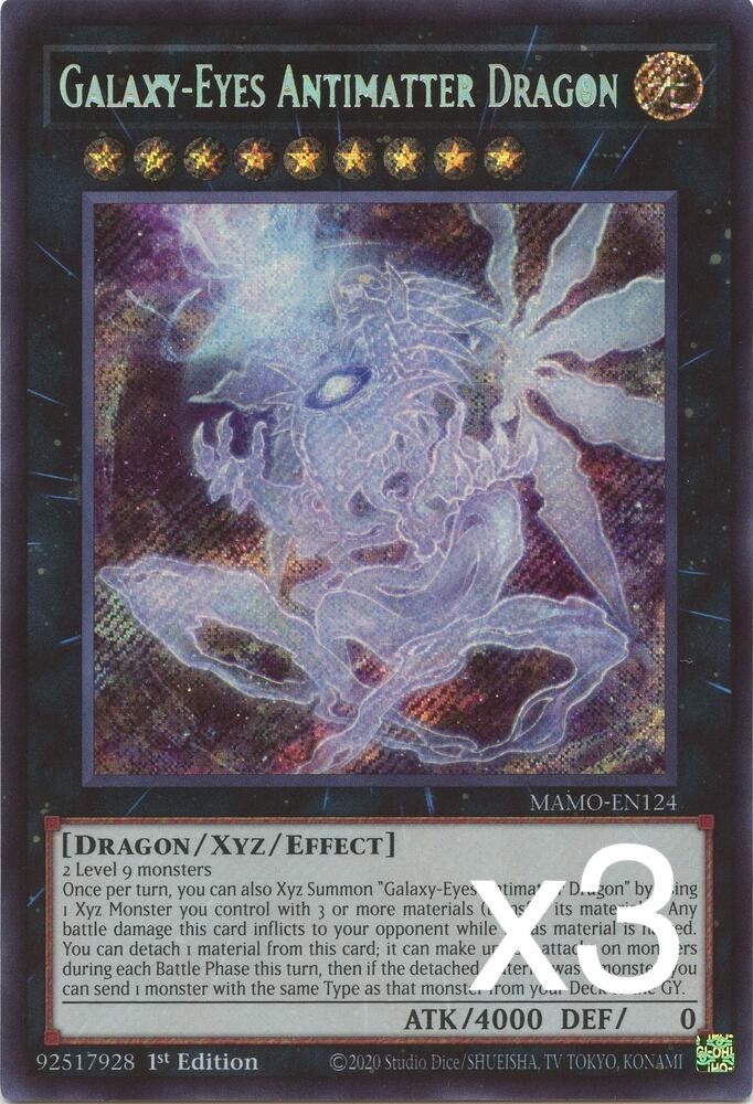 3X Yugioh Galaxy-Eyes Antimatter Dragon MAMO-EN124 Secret Rare 1st Edition NM 3X Yugioh Galaxy-Eyes Antimatter Dragon MAMO-EN124 Secret Rare 1st Edition NM