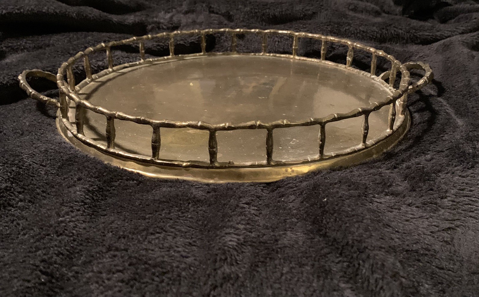 VTG MCM Solid Brass Bamboo Vanity Barware Tray 12.5 Inch Round
