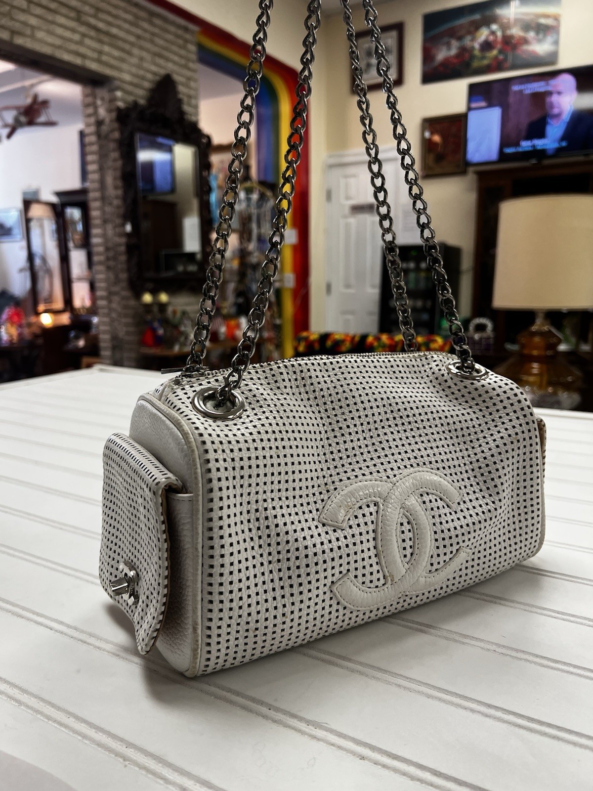 RARE VINTAGE Perforated Chanel White Leather With Silver Chain and side  G2U