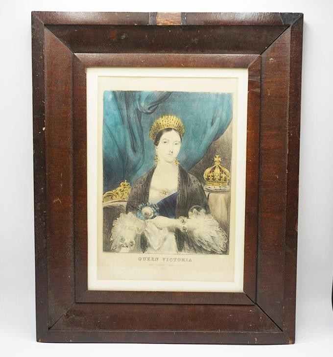 Antique Queen Victoria Hand Colored Lithograph N Currier Wood Frame Portrait