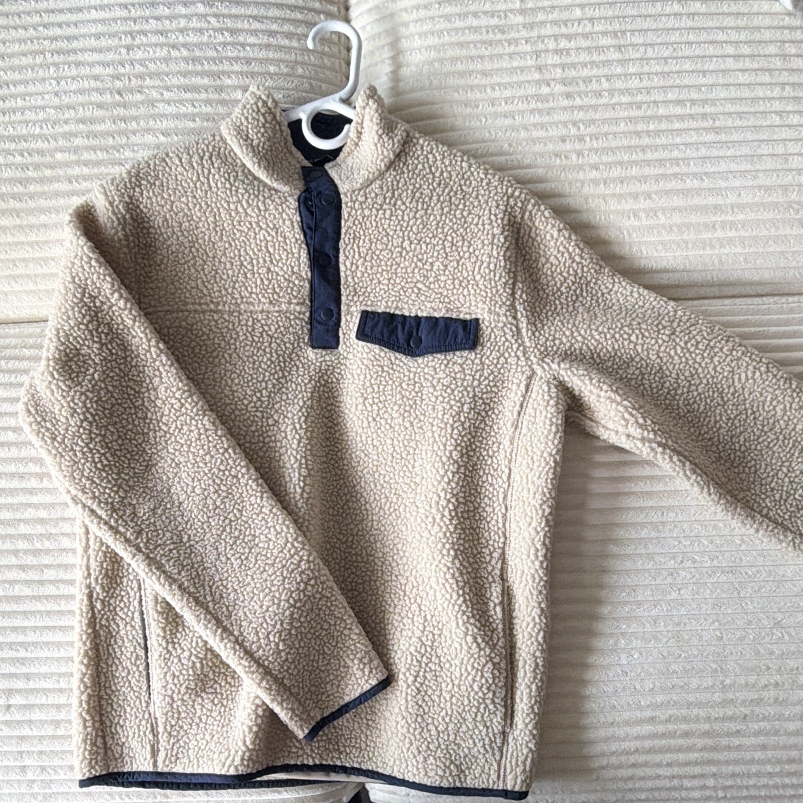 Port Authority Men\'s Sherpa Pullover Jacket 1/4 Zip Pockets Beige/Blue L Port Authority Men\'s Sherpa Pullover Jacket 1/4 Zip Pockets Beige/Blue L