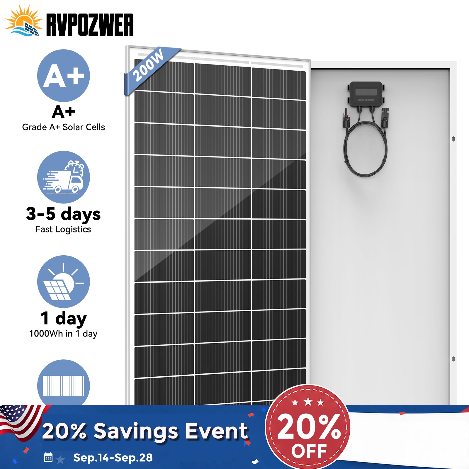 200W 12V Solar Panel 18BB Mono Battery Charge RV PV Home Off-Grid Battery Power