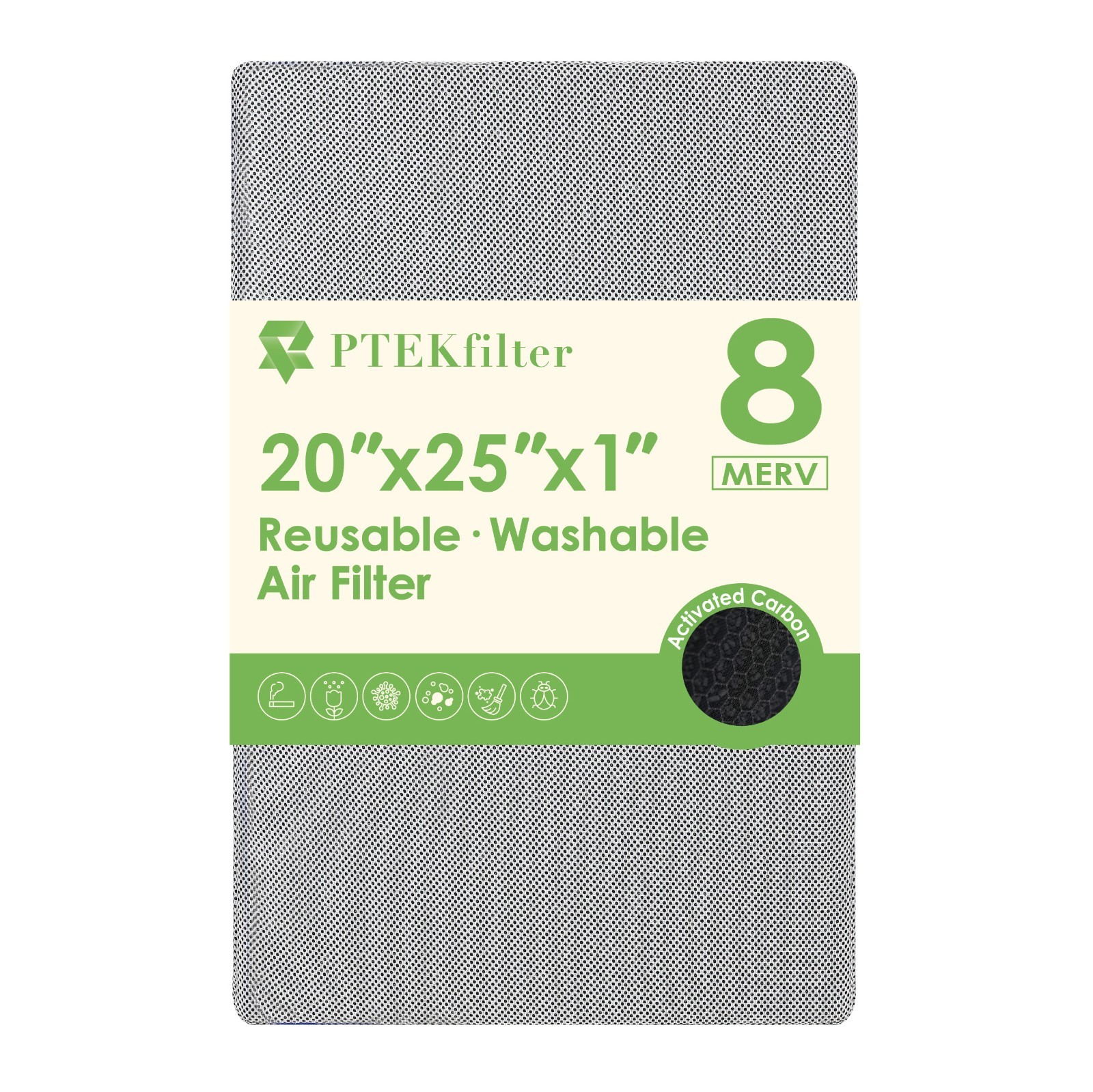 PTEKfilter 20x25x1 Washable Reusable Carbon Air Filter MERV 8 HVAC Furnace