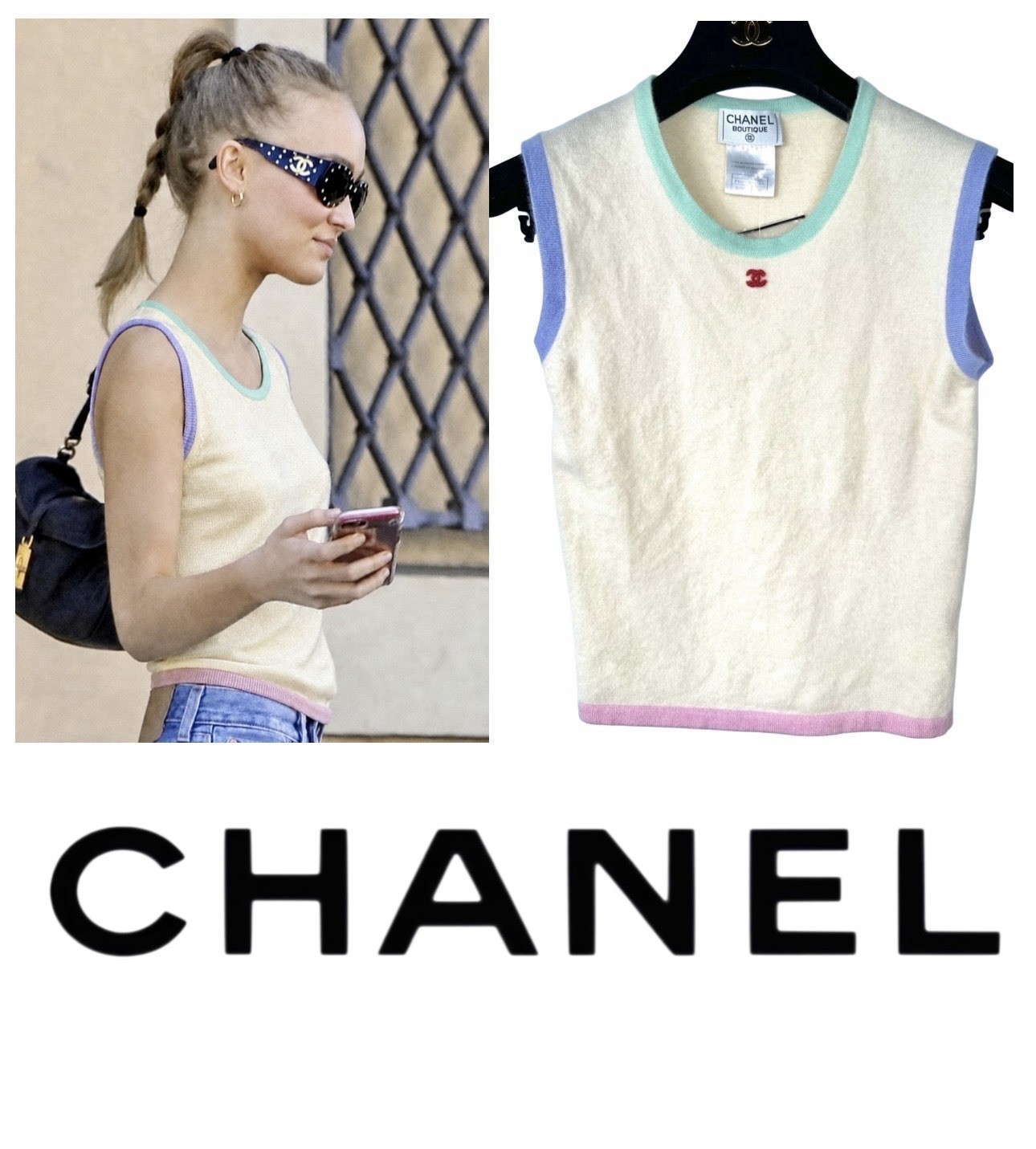 Chanel Vintage 1998 Ivory White Sweater Top 36 38 4 6 Shirt Y2K Red CC Logo S M