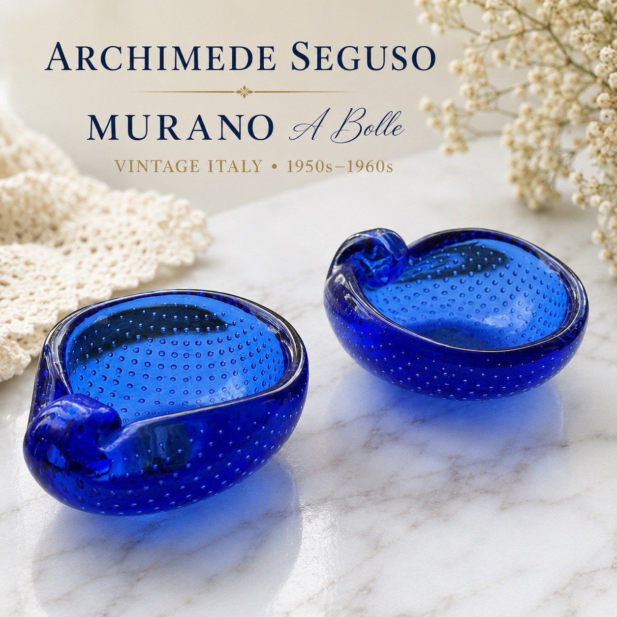 Vintage Archimede Seguso Murano A Bolle Blue Glass Ashtray Bowl Pair 3 in” 1950s