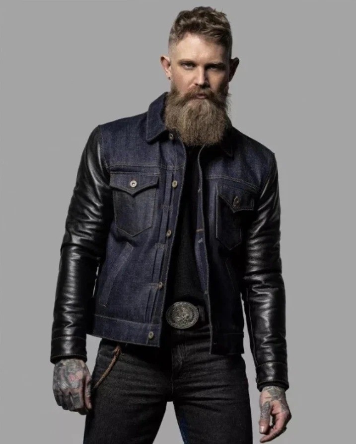 Men\'s Blue Denim Jeans Trucker Jacket Real Leather Sleeves Biker Motorbike Coat