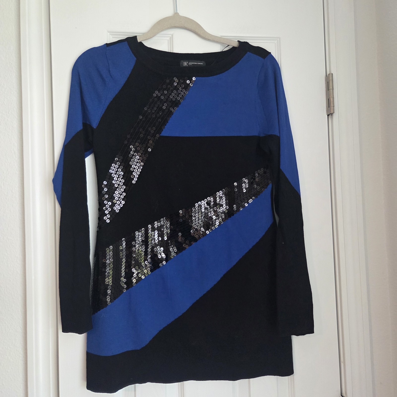 INC International Concepts Sequin Knit Top M Colorblock Long Sleeve Blue Black