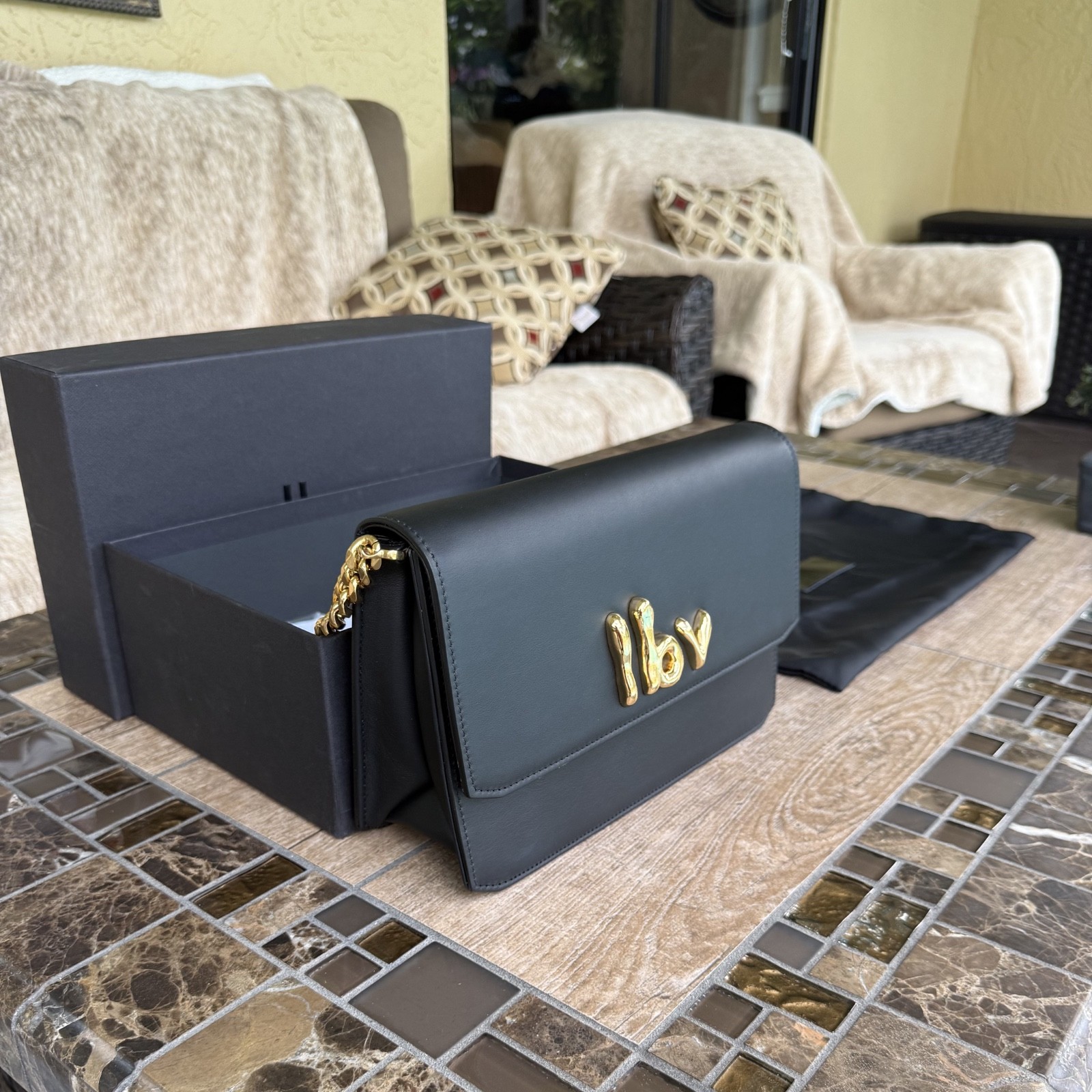 LBV Black Shoulder Bag Gold Chain Flap Purse Made in Italy Box Dust Bag LBV Black Shoulder Bag Gold Chain Flap Purse Made in Italy Box Dust Bag