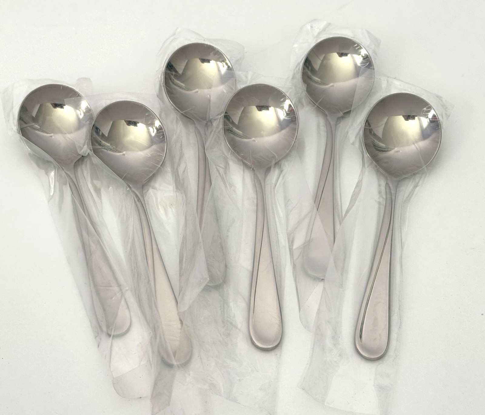 6 Oneida Bouillon Soup Spoons Flight Stainless 1880 Round NEW