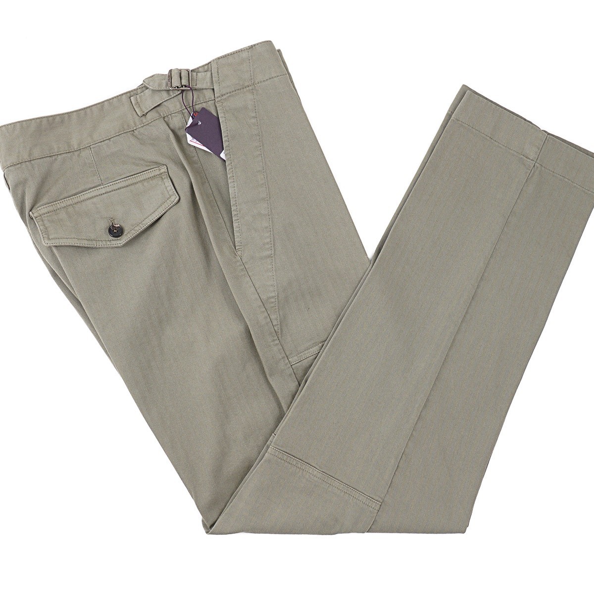 Isaia Khaki Green Herringbone Cotton Pants with Military Details 32 (Eu 48) NWT