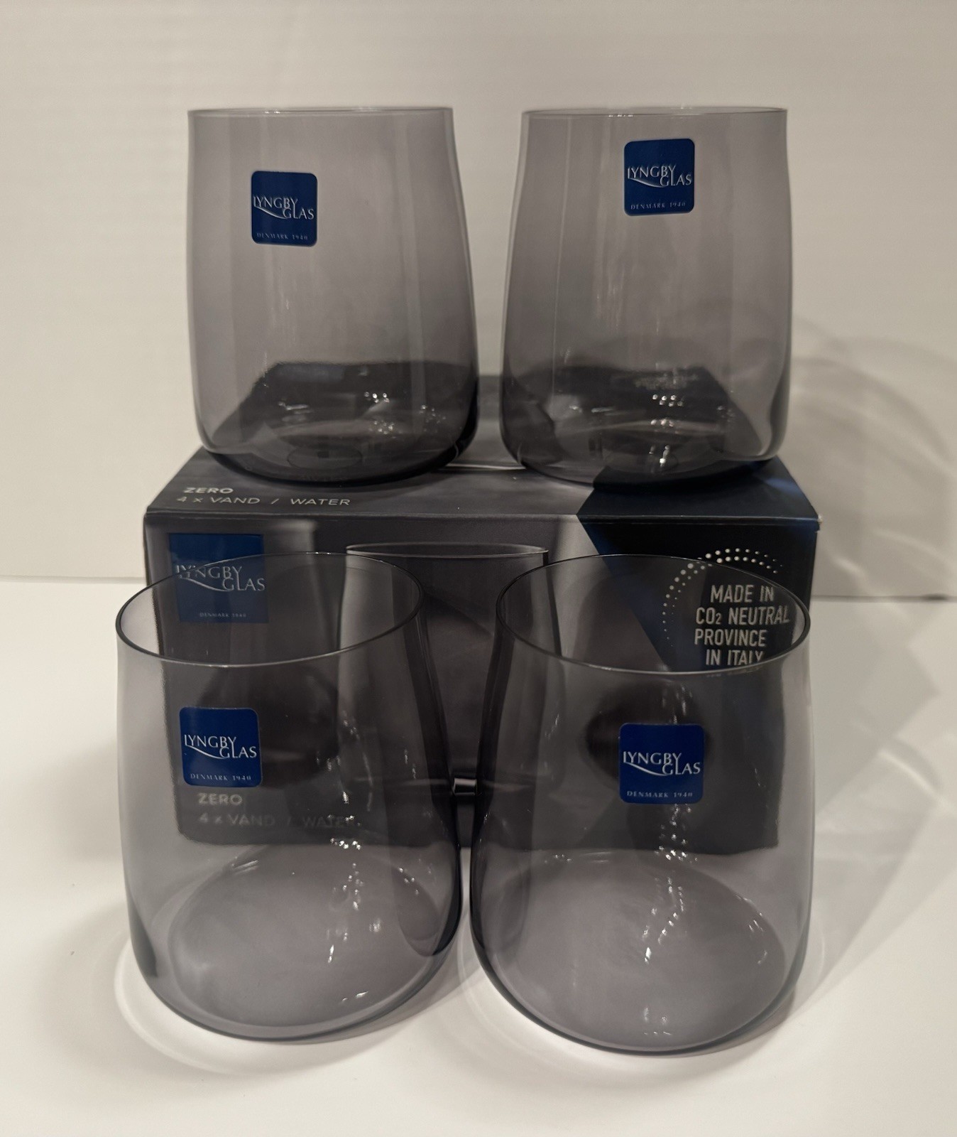LYNGBY GLASS ZERO WATER GLASSES ~ SET OF 4 “NEW IN BOX” MADE IN ITALY ~LOOK